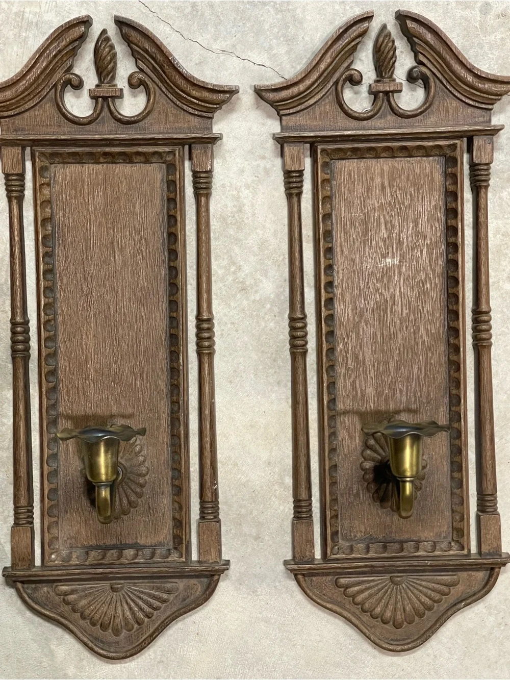 Classic Brown Wood Wall Sconce Pair with Brass Candle Holders